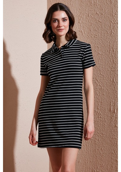 Lela Çizgili Slim Fit Mini Boy Düğmeli Polo Yaka Kısa Kollu Bayan Elbise 5866151 Siyah-Beyaz