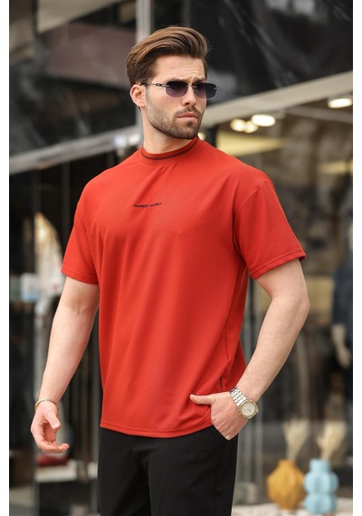 Madmext Kiremit Nakış Detaylı Basic Erkek T-shirt E7106 Kiremit