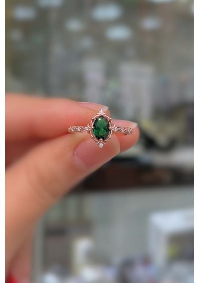 925 Ayar Gümüş Rose Gold Oval Kesim Yeşil Taşlı Vintage Tasarım Kadın Yüzük Rose