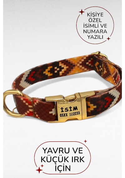 Caramelos İsimli Köpek Tasması, Yavru Köpek Tasması, Küçük Irk Köpek Tasması, Metal Kilit, 1,5 Cm Kahverengi - Siyah