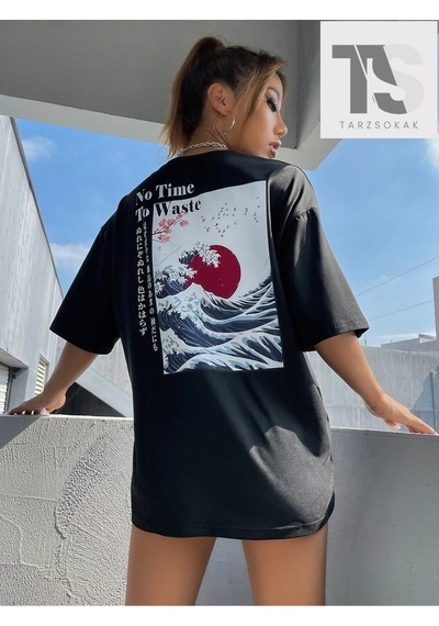 Startmore Coolane Japon Grafikli Düşük Omuzlu Tişört Siyah