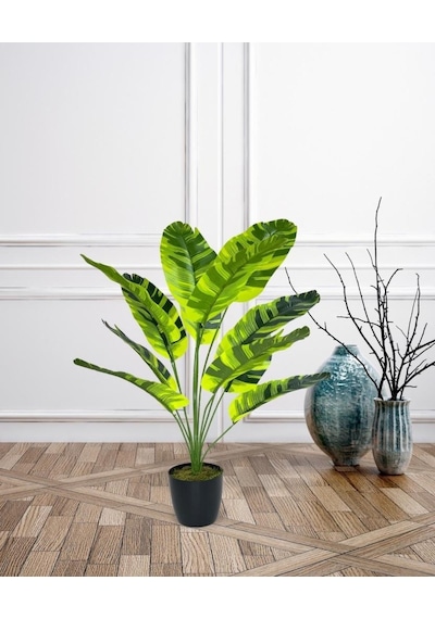 Yapay Çiçek Saksıda Muz Desenli Yapraklı 12dal 60cm Salon Çiçeği Yapay Bitki
