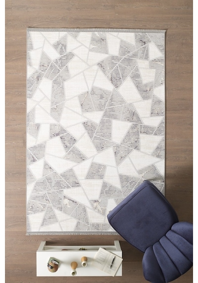 Modern Tasarımlı Pamuk Tabanlı Geometrik Desenli Saçaklı Siyah Renkli Halı Siyah