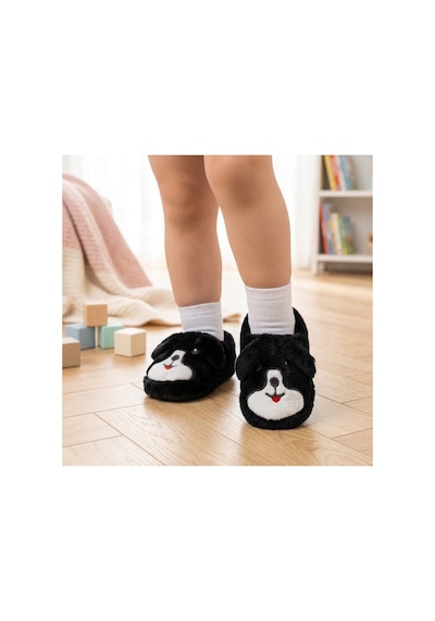 Modafocus Çocuk Köpekli Peluş Panduf - Siyah Siyah