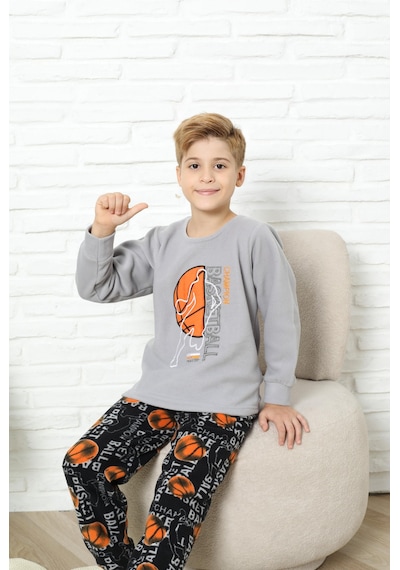 Yeni Stil Sonbahar/kış Erkek Çocuk Basketball Desenli Polar Pijama Takımı 4562 Gri