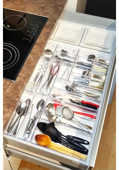 16'lı Set Modüler Kaşıklık Ve Kepçelik Çekmece Içi Düzenleyici Şeffaf Mutfak Organizer Şeffaf 8