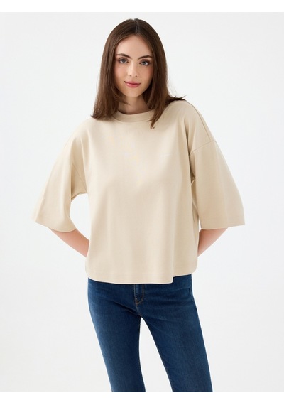 Loose Long Crop Kadın Tshirt K.kol Bej