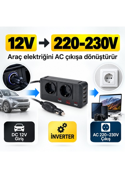 12v 220v Araç İnverteri 200w 2 Ac Priz 4 Usb Çıkışlı Oto Çakmaklık Dönüştürücü