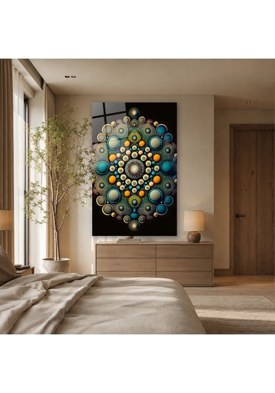 Turkuaz Turuncu Noktalı Mandala Çerçevesiz Cam Tablo