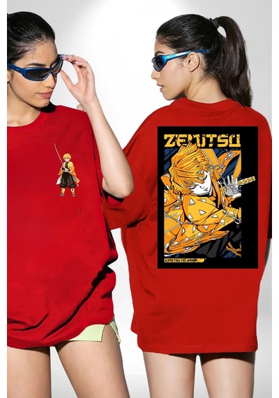 Zenitsu Agatsuma Anime Kırmızı Oversize Unisex Ön Ve Sırt Baskılı Tişört Kırmızı