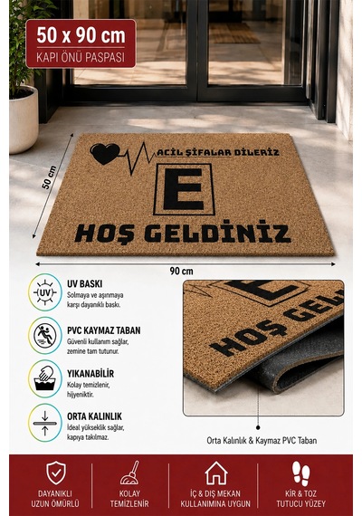 Valerine Life Eczane Logolu Acil Şifalar Dileriz Coco Görünüm İşyeri Koko Kapı Önü Paspası 50x90cm Kahverengi