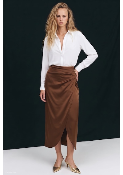 Sateen Düğme Detaylı Saten Etek - Kahve-138036