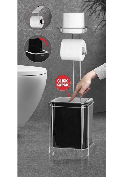 Metalifee Yedekli Wc Kağıtlığı Ve Kare Çöp Kovası Seti - Siyah / Krom Çok Renkli