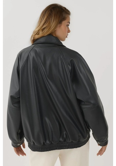 Hiccup Cep Detaylı Oversized Suni Deri Ceket Siyah