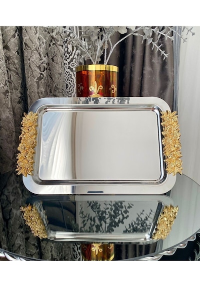 Atabey Home Collection 1 Adet Tekli Kahve & Çay & Sunum Dikdörtgen Büyük Sunum Tepsisi Çelik Gül Model Gold 30 Cm