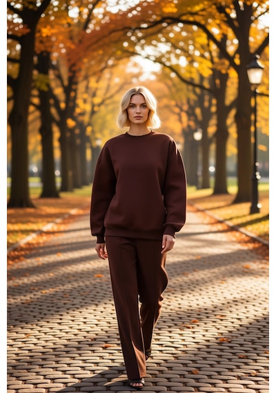 Benerly Kadın Bisiklet Yaka Düşük Kol Oversize Kalın Örme Sweatshirt Fonk Koyu Kahverengi