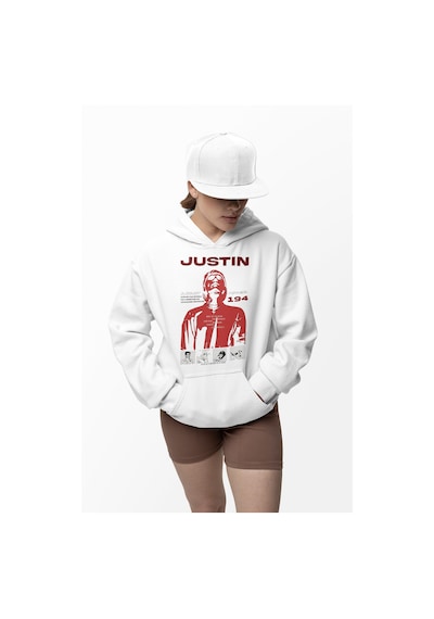 Justin Bieber Baskılı Unisex Oversize Şarkıcı Hoodie Beyaz