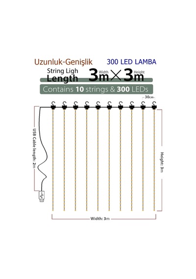 Bay 8 Fonksiyonlu Peri Perde Led Uzaktan Kumandalı Günışığı Perde Peri Led 3 Mt X 3 Mt Najmaddin Standart