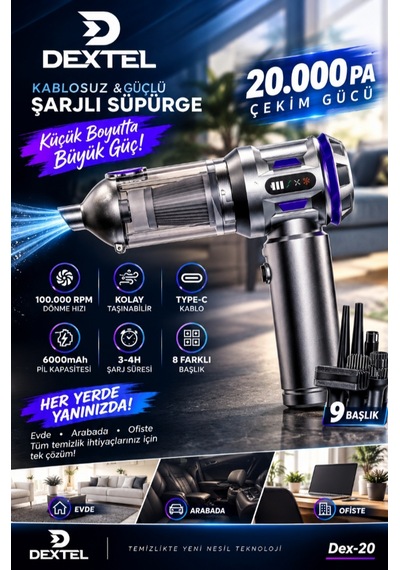 20.000 Pa Şarjlı El Süpürgesi - Hava Üfleyici - Çantalı - 12 Parça Aksesuarlı - 6000 Mah Bataryalı Gri