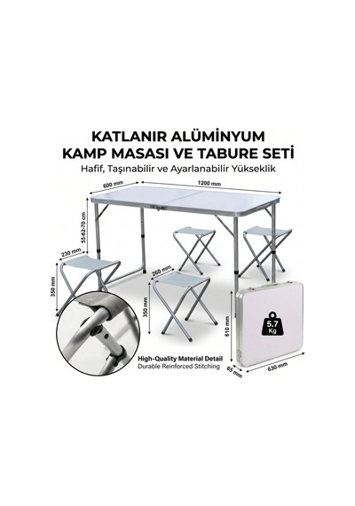 Lb Katlanabilir Alüminyum Kamp Masası Ve 4 Lü Tabure Seti Çok Renkli