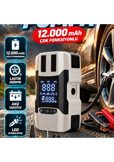 12.000 Mah Akü Takviye Ve Lastik Şişirme Cihazı Dijital Ekranlı Hava Pompası