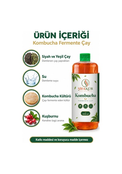 Kombucha Kamboça Çayı İçime Hazır Fermente Sıvı İçecek Kuşburnulu 1 L 1000 Ml
