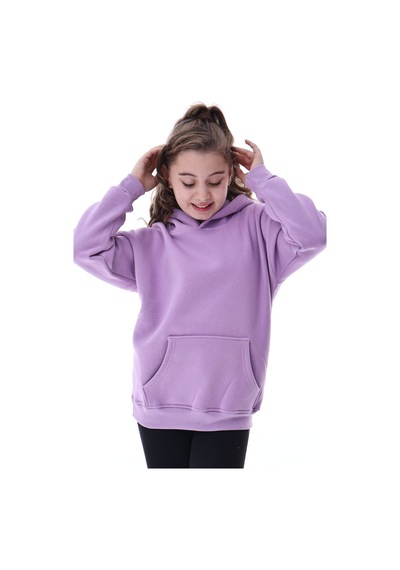 Unisex Çocuk Kapüşonlu Sweatshirt 5-14 Yaş Oversize Günlük Spor Lila Mor