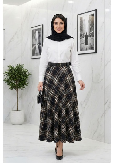 Hb Harma Time Butik Kadın Siyah Desenli Kemerli Etek Siyah Siyah