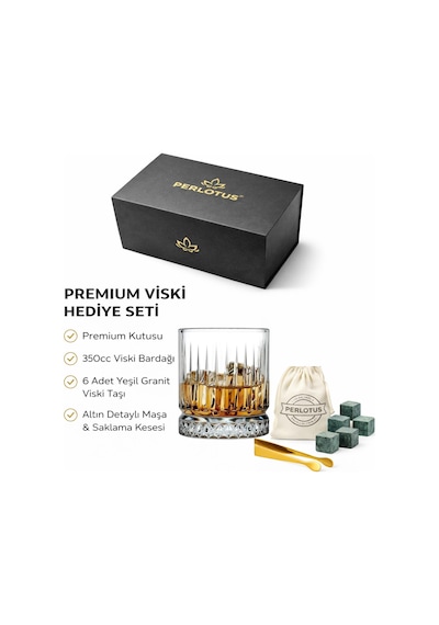 Perlotus İtaly Serisi 350 Cc Kristal Viski Bardağı Granit Viski Taşı Seti Premium Hediye Kutulu Şeffaf