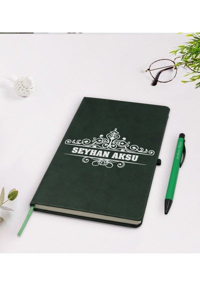 Kişiye Özel İsimli Yeşil Termo Deri Defter Kalem Seti Model 32