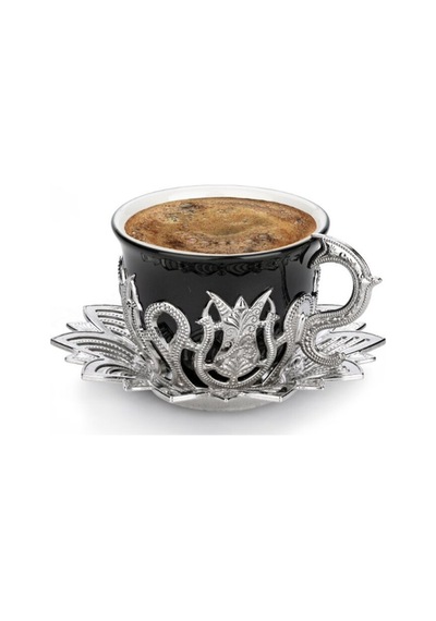 Türk Kahvesi Fincan Takımı Lale Desenli 6 Kişilik Metal Gümüş-siyah Ahsen Model