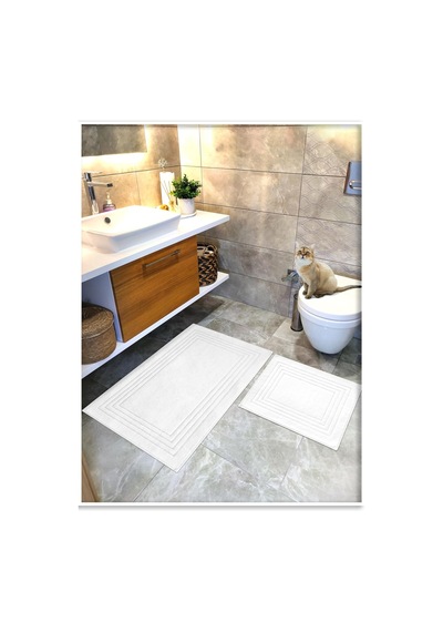 %100 Pamuk Dokuma Su Emici Banyo Paspas Seti, Banyo Halısı Vera 2 Li Set 60x100-60x50 Beyaz Diğer