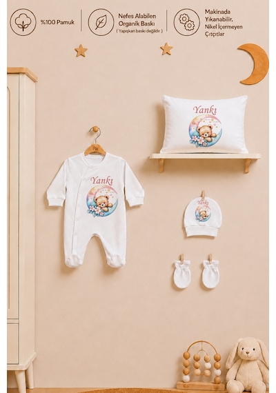 Pia Baby Kız Bebek Yeni Doğan Hastane Çıkışı %100 Pamuk İsme Özel Tulum Seti Battaniye Yastık Kılıfı Kese 1110tybk3x Krem