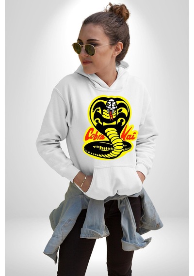 Cobra Kai Karete Çocuk Yılan Logo Dizi Kadın Erkek Beyaz Kapüşonlu Sweatshirt Hoodie Beyaz