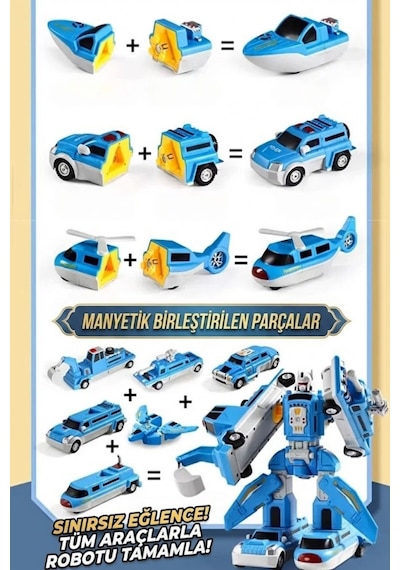 Manyetik Dönüşen Robot Araba Seti 21 Parça Sök Tak Eğitici Oyuncak - Kutulu Polis Merkezi