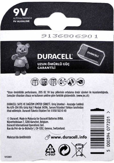 Duracell 6LP3146/MN1604 Alkalin 9V Pil 5'li