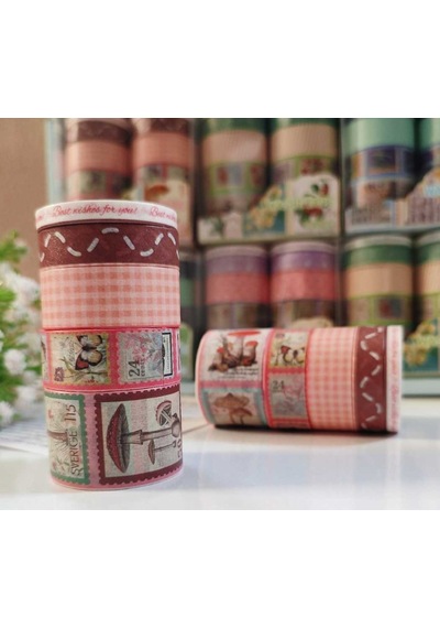 Vintage Washi Tape Bant Baskılı Yapışkanlı Maskeleme Kağıdı Desenli Bant 10'lu - Bordo Pul Mektup 1