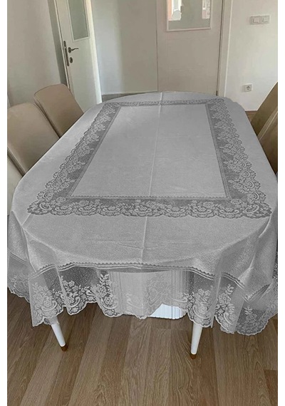 Desenli Dertsiz Leke Tutmaz Dantelli Masa Örtüsü, Çini Desen Masa Örtüsü - Gri Diğer