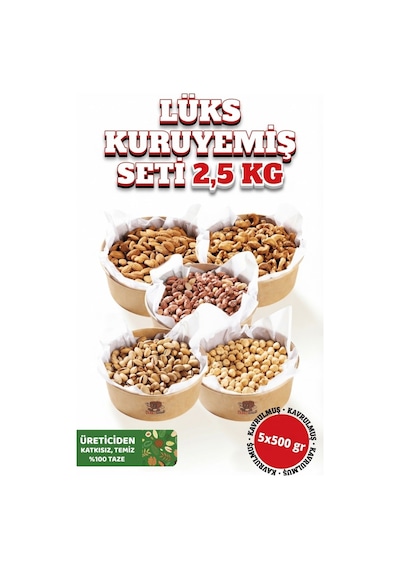 Lüks Kuruyemiş Seti 2,5 Kg 5x500g Antep Fıstığı, Kaju, Badem, Fıstık, Fındık-yeni Mahsul Taze 1750 G