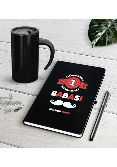 Kişiye Özel Dünyanın 1 Numaralı Babası Siyah Defter Kalem Termos Siyah