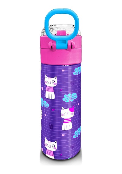 Coral High Kids Mor Pembe Kedi Desenli Pipetli Ve Direkt İçim Çelik Termos 500 Ml 31911 Pembe