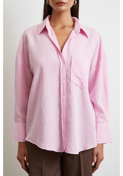 Never More Çizgili Oversize Gömlek Pembe Pembe