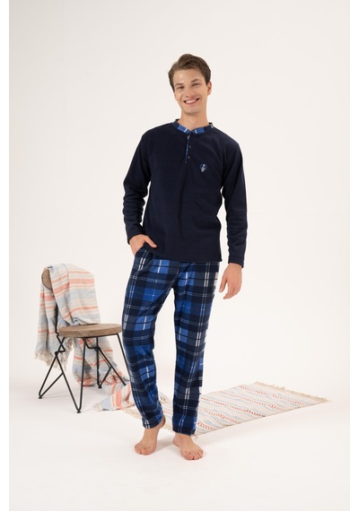 Estiva Erkek Kışlık Düğmeli Yaka Kareli Alt Polar Pijama Takımı 001