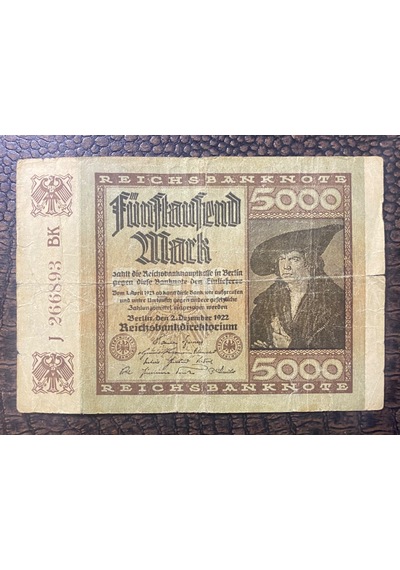 Almanya İmparatorluğu 5 Bin Mark 1922 Deutsches Reich 5000 Mark Reichsbanknote