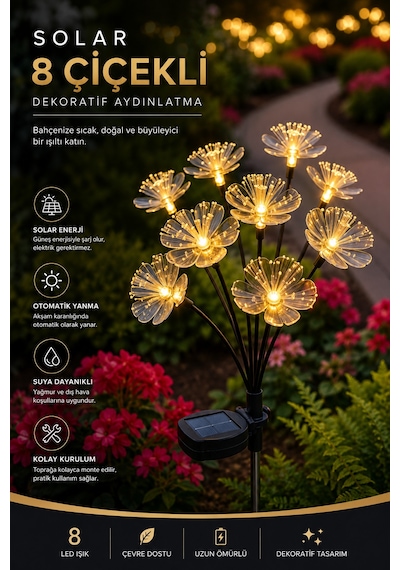Solar 8 Çiçekli Bahçe Aydınlatması, Güneş Enerjili Led Dekoratif Çiçek Lamba, Suya Dayanıklı Dış Mekan Bahçe Yolu Peyzaj Işığı Sarı