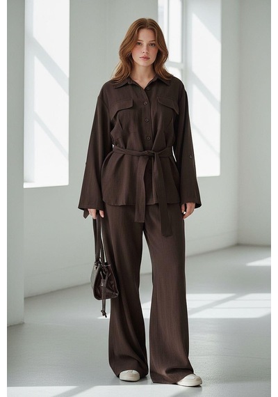 Seeh Kahverengi Uzun Kollu Oversize Kadın Takım Sh338 Standart
