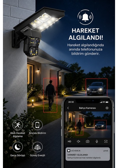 Solar Panelli 20.000 Mah Bataryalı 6mp Full Hd Hareket Sensörlü Sokak Aydınlatmalı Projektör Güvenlik Kamerası