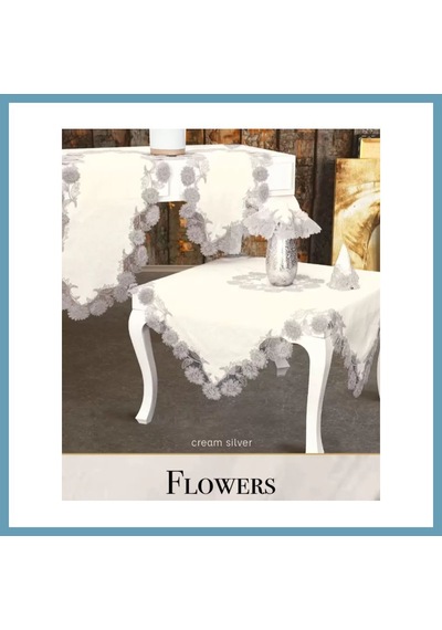 Bezos Flowers Model Krem 5 Parça Keten Dantelli Runner Seti Lüks Salon Takımı Mbt06
