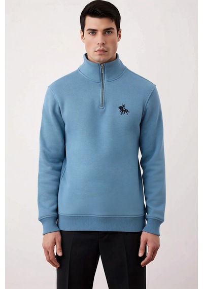Benerly Erkek Dik Yaka Fermuarlı Standart Kol Regular Kalıp Sweatshirt Fo Açık Mavi