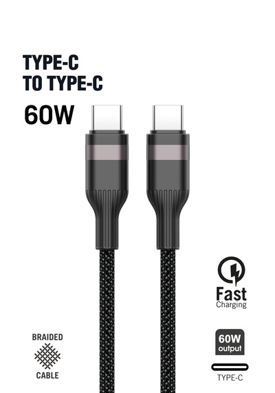 Type C Type C 60 W Örgü Data Ve Şarj Kablosu 1m Siyah